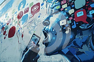 Social Media Day. Street art mural of a woman with social media icons and speech bubbles, reflecting the influence and photo