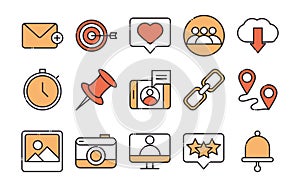 Social media digital internet network communicate technology line and fill design icons set