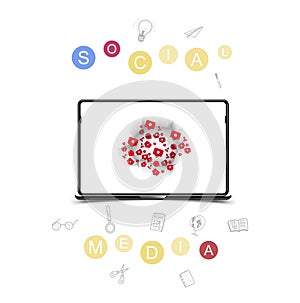 Social media with doodle and like, commend and new friends icons and in laptop on the white background. Flat vector illustration E