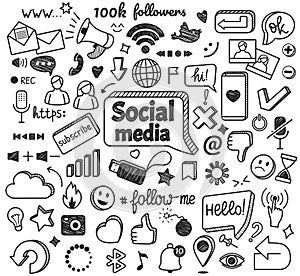 Social media doodles. Hand drawn internet and network sketch symbols. Digital marketing, blogging, online communication