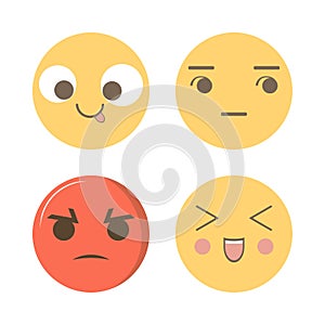 Social media emoji design with angry, smile, silly and annoyed face. Round social media emoji design with different moods. Yellow