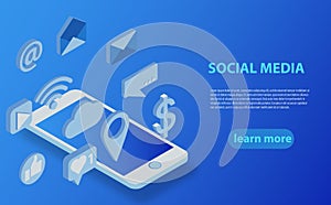 Social media flat 3d isometric concept vector icons.