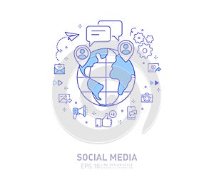 Social Media - Flat line design style concept with related social media Icons