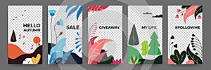 Social media flat plant posters. Abstract vibrant stories floral frames template. Vector illustration magical landscape