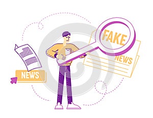 Social Media Forgery Information Concept. Male Character with Huge Magnifying Glass Looking on Fake News