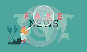 Social Media Forgery Information Concept. Woman with Huge Magnifying Glass Looking on Fake News photo