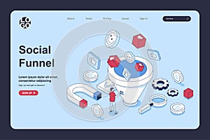 Social media funnel concept in 3d isometric design for landing page template. People creating content, attracting audience and