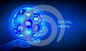 Social media global connection concept. Social networking and blogging. Abstract 3D sphere or globe with surface of hexagons with