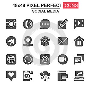 Social media glyph icon set. Message, call, chat, mail, smartphone, pinpointer, like, camera, cloud storage unique icons
