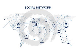 Social Media. Graphic global network connection. Social network structure on world map. Vector illustration