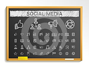 Social media hand drawing line icons. chalk sketch sign illustration on blackboard