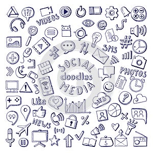 Social media hand drawn icons set. Computer and network doodle vector illustrations