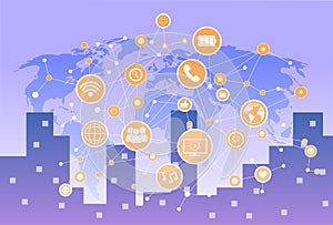 Social media icon online international network communication connection concept world map cityscape background flat