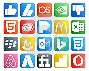 20 Social Media Icon Pack Including css. outlook. cc. feedburner. excel