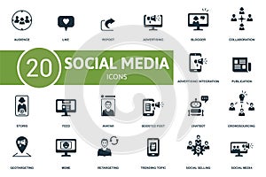 Social Media icon set. Contains editable icons social media theme such as like, advertising, callaberation and more.