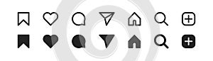 Social media icon, set. Like icon. Share button. Comment sign. Save symbol. App message line illustration in vector flat