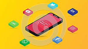 Social Media icon and smartphone isometric background on yellow