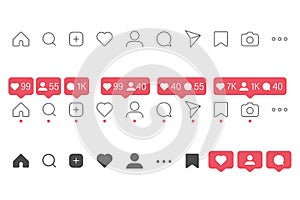 Social media icon vector set. instagram style. share like heart message bubble chat sign symbol. love web. communication network.