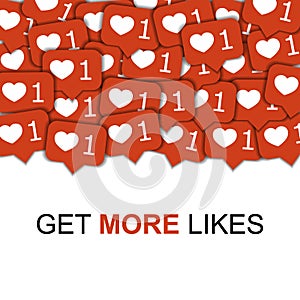 Social media icons in abstract shape background with hearts, marketing content viral around the world illustration. Get