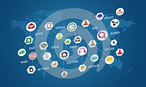 Social Media Icons on blue background with world