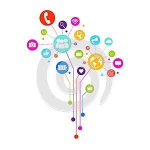 Social Media Icons Connected With Lines On White Background Network Communication Concept