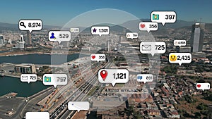 Social media icons fly over city downtown showing people engagement connection through social network application