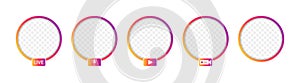 Social media icons for live, avatar, story and stream. UI gradient circles with frame for video and broadcast. Modern design round
