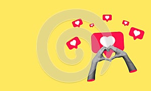 Social media icons. Modern art collage of hands making a heart shape on a yellow background