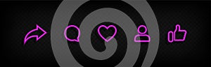 Social media icons in neon style thumb up and heart icon with repost and comment. Flat signs icons on white background. Vector
