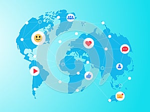 Social Media Icons Over World Map Background Network Communication Connection