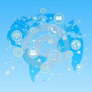 Social Media Icons Over World Map Background Network Communication Connection Concept