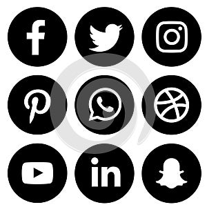 Black & white Social media icons set of facebook twitter instagram pinterest whatsapp dribbble you-tube linked in and snap-chat