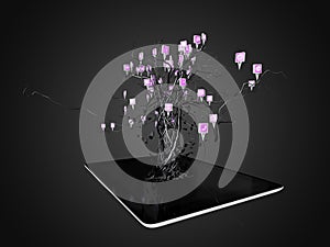 Social media icons set in tree shape on Modern black tablet pc.