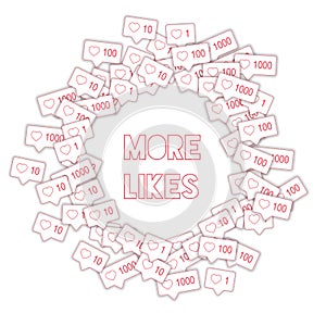 Social media icons. Social media marketing concept. Falling pink like counter. Round scattered frame