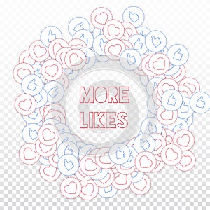 Social media icons. Social media marketing concept. Falling scattered thumbs up hearts. Round scatte