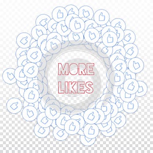 Social media icons. Social media marketing concept. Falling scattered thumbs up. Round scattered fra