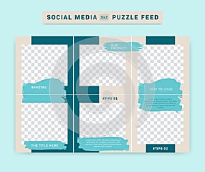 Social media IG Instagram puzzle post feed vector template with blue brush paint stroke and cream simple background frame