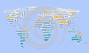 Social media illustration, icons on world map tagcloud