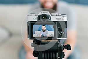 Social media influencer man shoot video technology photo