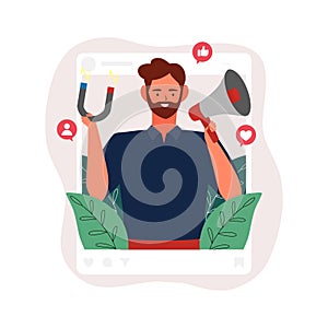 Social media influencer vector illustration. Man holding megaphone and magnet in THR social profile frame with icon concept