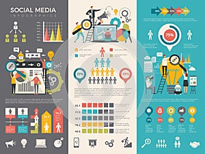 Social media infographic. Work people socializing like rating sharing vector graphic social design template
