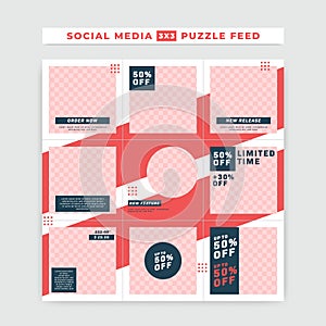 Social media instagram ig puzzle feed post square size vector template design for promotion sale red white blue bold simple style