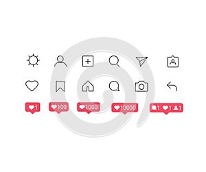 Social media Instagram interface buttons, icons: home, camera, comment, search, photo camera, heart, like, user photo