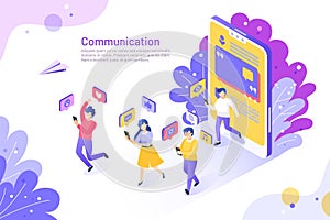 Social media isometric concept. 3D people using mobile phones and communicating. Vector user like share follow and