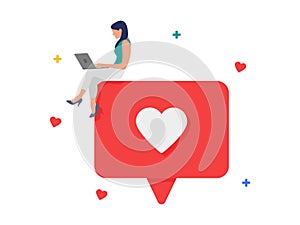 Social media like comment and follower. Woman with laptop use social media app