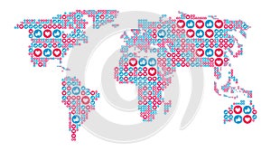 Social media like and heart symbols in the world map form. SEO, SMM concept. Vector illustration