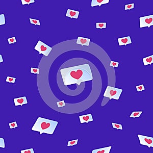 Social media likes and hearts flying down seamless pattern