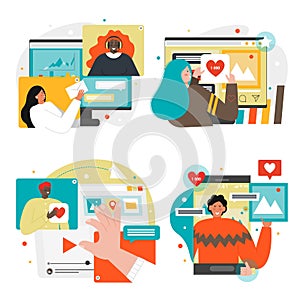 Social media likes, online communication scene set. Customer feedback, marketing strategy, comments, followers, vector.