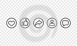 Social media line icon set in black. Like, share, followers, chat sign. Vector EPS 10. Isolated on transparent background
