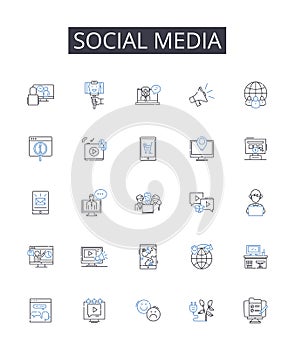 Social media line icons collection. Digital marketing, Online nerking, Web presence, Cyber communication, Internet